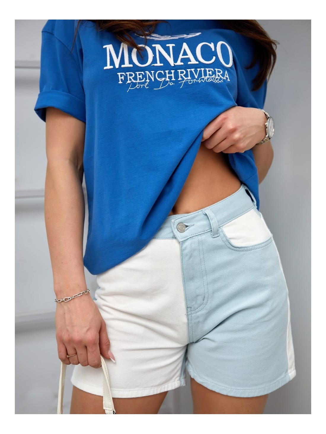 Two-color high-waisted denim shorts, light blue 70010 - Online store - Boutique